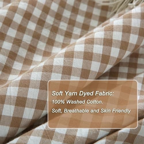 Silnuo Taupe/White Plaid Ruffle Duvet Cover King Size,100% Washed Cotton 3 Pcs Vintage Checkered Chic Gingham Bedding Set Comforter Cover Set thumbnail 6