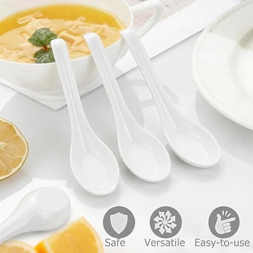 4PCS Asian Soup Spoons, Chinese Japanese Miso Ramen Wonton Dumpling Pho Rice Noodle Soba Soup Spoons, White Melamine Spoons thumbnail 6