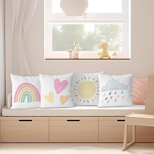 KEUSPI Rainbow Pillow Covers Decor for Toddler Girl Bedroom Little Girl Room Decor Playroom Pillows for Girls Kid Rainbow Room Decor for Nursery Classroom Decor Pastel Pillow Covers 18x18 Set of 4 - Watercolor Sun Rainbow thumbnail 4
