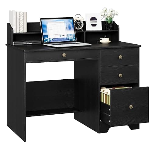 TTVIEW Computer Desk with Drawers and Hutch Shelf, Wood Executive Desk Writing Study Table with 43” Wide Tabletop, Small Desk with File Drawer for Home Office Bedroom, Black thumbnail 8