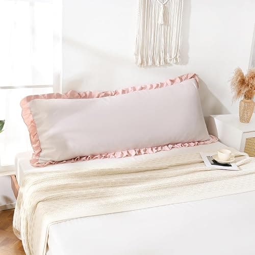Merryword Beige & Pink Reversible Body Pillow - 20x54inches, Ruffled Long Pillowcase (1 Body) thumbnail 5
