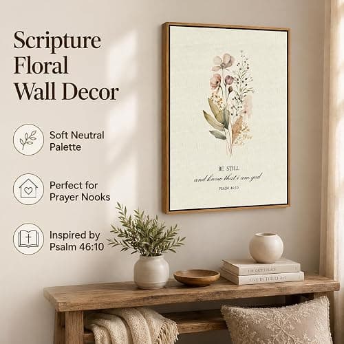 Be Still and Know That I am God - Psalm 46:10 Framed Canvas Wall Art, Watercolor Wildflower Bible Verse Print, Christian Religious Wall Decor for Bedroom Living Room, 8x10 Inch Natural Wood Frame thumbnail 2