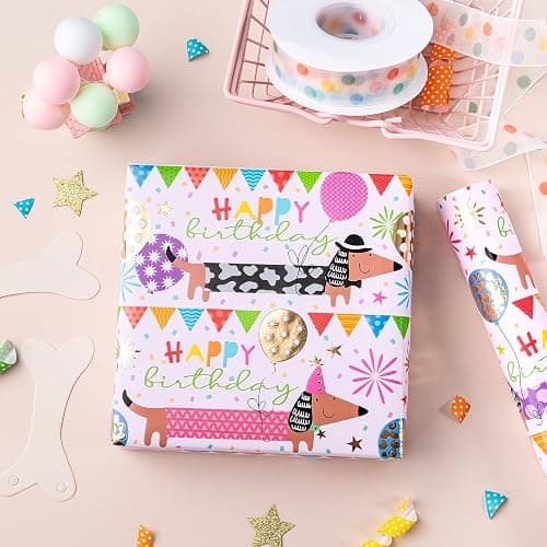 WRAPAHOLIC Dog Birthday Wrapping Paper - Mini Roll - 17 Inch x 16.5 Feet - Gold Foil Dachshund Dogs and Happy Birthday Wrapping Paper for Girl Boy Kids, Baby Shower thumbnail 6