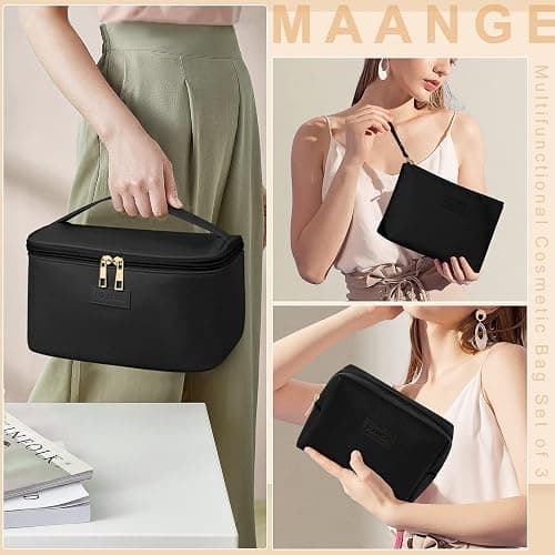 MAANGE Makeup Bag Waterproof Travel Cosmetic Bag PU Leather Cosmetic Pouch Portable Makeup Organizer Bag Large Capacity Toiletry Bag Multifunctional Storage Make Up Bag for Women (Black, 3Pcs) thumbnail 3