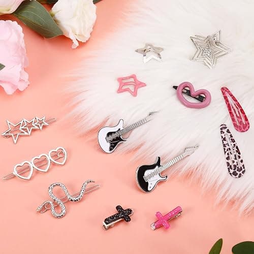 FRIUSATE 22 Pcs Y2k Pink Hair Clips Set Kawaii Hair, Love Star Cross Hair Clip Diy Handmade Accessories Guitar Pendant, Star Claw Clip Hairpin Snake Hair Clip, for Girls Hairstyle Accessory Gifts thumbnail 7