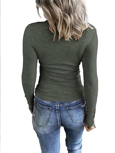 KINLONSAIR Women’s Long Sleeve Henley T Shirts Button Down Slim Fit Tops Scoop Neck Ribbed Knit Shirts thumbnail 2