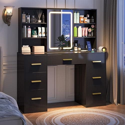 47'' W Large Vanity Desk with Mirror and Lights, 8 Storage Shelves 7 Drawers Vanity Table, Big Makeup Vanity Desk with 3 Lighting Modes, Vanity Dresser with Charging Station, Sliding Mirror (Black) thumbnail 3