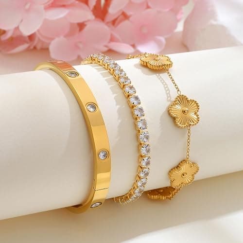 Womens Stackable Floral Gold Bracelets - 3Pcs 18K Gold Plated Bracelet,Stainless Steel Bangle Bracelets Non Tarnish, Gold Bracelet Set Trendy Jewelry,Christmas Valentines Birthday Gifts for Girlfriend thumbnail 4