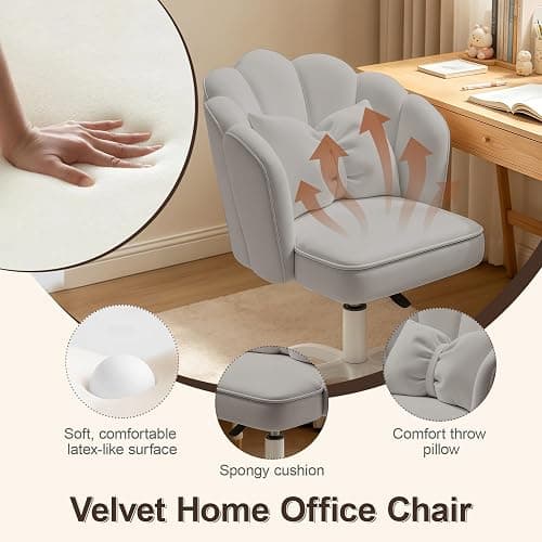 XUEGW Petal Desk Chair with Bow Cushion Velvet Vanity Chair with Wheels, Upholstered Home Office Chair for Girls Women, Mid-Back Swivel Computer Task Chairs for Living Room Bedroom thumbnail 6