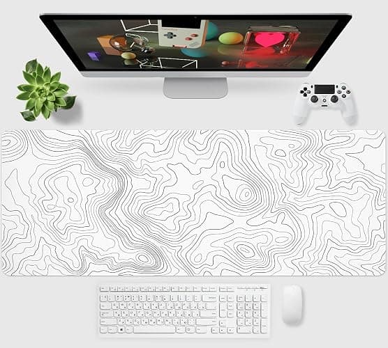 Sevenpers Weiß Gaming Mauspad,900x400mm Gross Kunstlinie Mausmatte,Tischunterlage mit doppelt vernähten Kanten,Waschbares Mauspad für PC,Maus und Tastatur(Topographie,Weiß) thumbnail 2