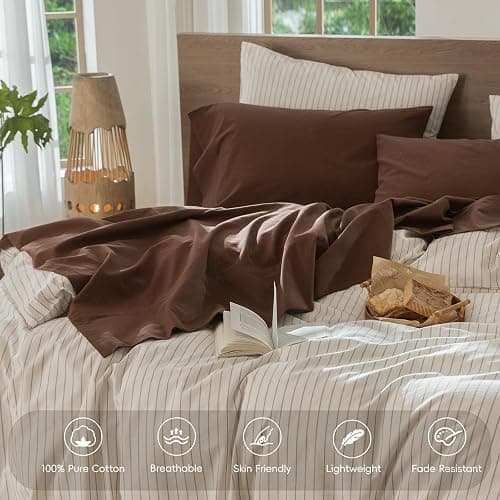 MooMee Bedding Sheet Set 100% Cotton Linen Like Textured Breathable Durable Soft Comfy (Solid Cocoa Brown, Queen) thumbnail 5