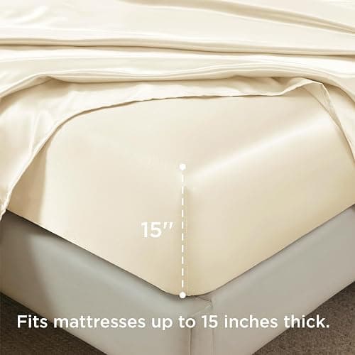 Bedsure Satin Sheets Queen Size - 4 Piece Silky Bedsheets with 15 Inches Deep Pocket Fitted Bedsheet,1 Flat Sheet, 2 Satin Pillowcases, Good for Hair & Skin (Queen, Cream) thumbnail 4