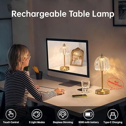 Shenmoyl Tulip Table Lamp with 5000mAh Battery & Touch Control, Cordless Small Table Lamp with 3 Colors, Dimmable Rechargeable Table Lamps for Living Room, Bedroom, Desk, Bedside (Transparent Tulip) thumbnail 2