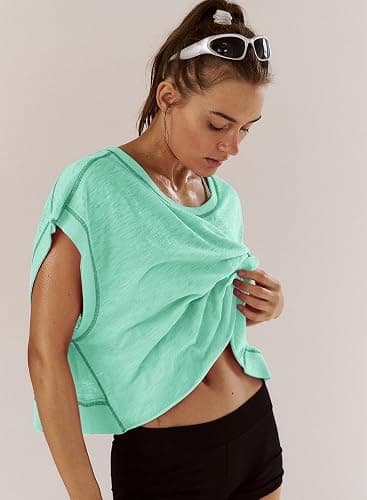 Kumufenc Women Short Sleeve Workout Shirts Open Back Tops Casual Yoga Y2k Athletic Gym Slouchy Crop Running Tees thumbnail 3