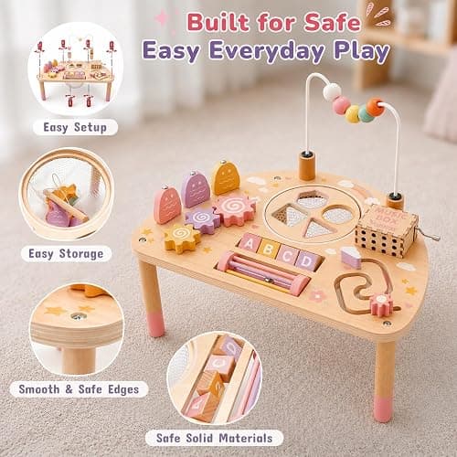 Vanplay Activity Table for 1 Year Old Girls Gifts, Montessori Busy Board Toys for Toddler 1-3, 8 in 1 Wooden Sensory Learning Activities Game for 1 2 3 Year Old Baby Girl Christmas Birthday Gifts thumbnail 5