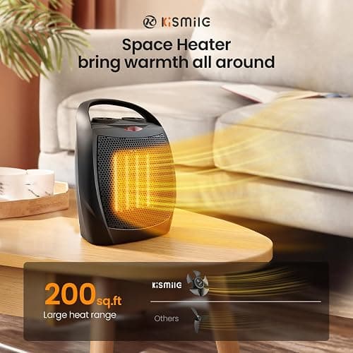 Kismile Small Electric Space Heater Ceramic Space Heater,Portable Heater Fan for Office with Adjustable Thermostat and Overheat Protection ETL Listed for Kitchen, 750W/1500W(Black) thumbnail 3
