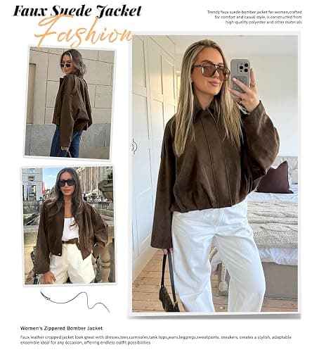 Bnigung Womens Faux Suede Bomber Jacket Oversized Long Sleeve Cropped Coat | Lightweight Going Out Suede Jackets, 2 Pockets, Lapel Collar, Batwing Sleeve, Zip up, Outerwear for Casual Daily Vacation thumbnail 2