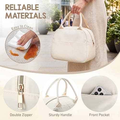 Cunno Insulated Nylon Lunch Bag for Women Man Adult Lightweight Cream Food Box Leakproof Cooler Food Containers Reusable Large Capacity Water Resistant Lunch Bag for Work Picnic or Travel thumbnail 3