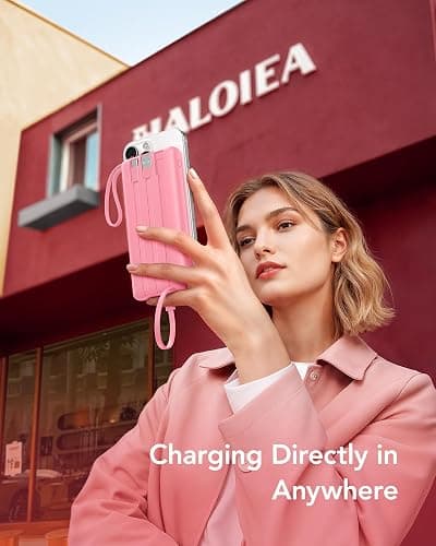 VRURC Portable Phone Charger, Built-in 4 Cables USB C Power Bank 10000mAh | Slim Power Bank for Travel,5 Output 2 Inpput Charging Bank,Multi Devices Battery Pack for iPhone,Android-Barbie Pink(1 Pack) thumbnail 6