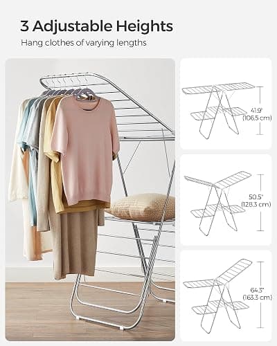 SONGMICS Clothes Drying Rack, Foldable 2-Level Laundry Drying Rack, Free-Standing Laundry Airer, with Height-Adjustable Wings, 33 Drying Rails, Sock Clips, Silver and White ULLR053W01V1 thumbnail 6