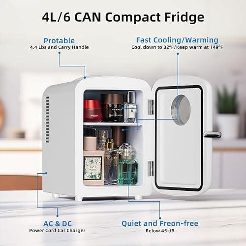 Antarctic Star Mini Fridge, 4L Capacity/6 Cans Portable Cooler and Warmer Compact Refrigerator, for Bedroom,Car,Office and Dorm, Small Cooler and Warmer for Cosmetics, Beverage and Food, White thumbnail 3
