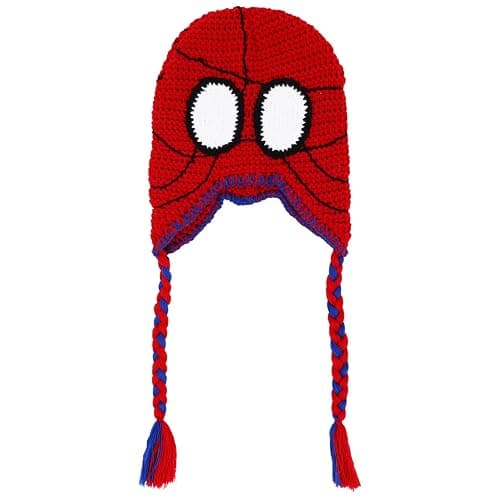 Marvel Spider-Man Crochet Peruvian Beanie MayDay Inspired, Hand-Woven Winter Knit Cap with Braided Tassels, Red and Blue thumbnail 2