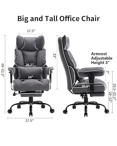 Efomao Fabric Office Chair, Big and Tall Office Chair 400 lb Weight Capacity, High Back Executive Office Chair with Foot Rest, Ergonomic Office Chair for Back Pain Relief, Gray thumbnail 2