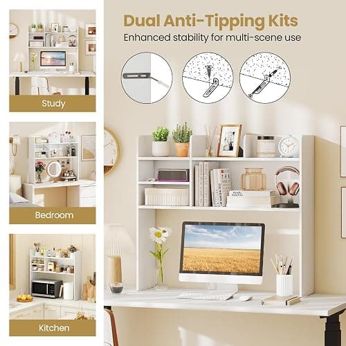 Tangkula Desktop Bookshelf for Computer Up to 32”, 37” Countertop Storage Hutch with 6 Storage Shelves, 3-Tier Desktop Organizer Display Rack, Wooden Desk Hutch for Dorm Home Office (White) thumbnail 8