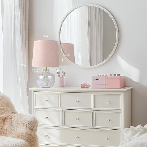 Velooke 15" Hand-Blown Glass Table Lamp, Blush Pink Velvet Shade, Mesmerizing Pearlized Swirling Cloud Base, Small Accent Lamp for Girls Bedroom Nightstand, Living Room(Bulb Not Included) thumbnail 2