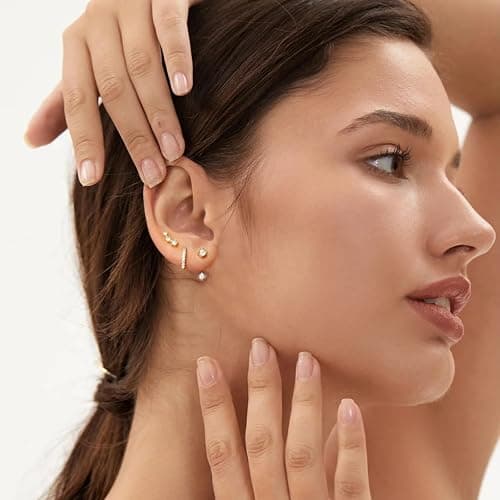 6 Pairs 14K Gold Plated Stud Earrings for Women, Hypoallergenic Cartilage Earrings for Multiple Piercing, Dainty Small Stackable Earrings Jewelry Set thumbnail 7