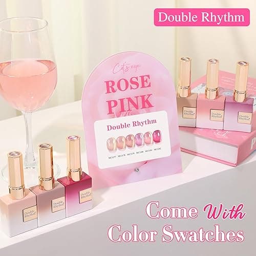 Double Rhythm Cat Eye Gel Nail Polish Set of 6 Same Color Same Bottle 0.5 Oz Shimmer Glitter with Magnet Holographic Reflective Magnetic UV Nail Polish Kit at Home (Glass Nude Pink Rose-T6-32) - Rose Pink thumbnail 2