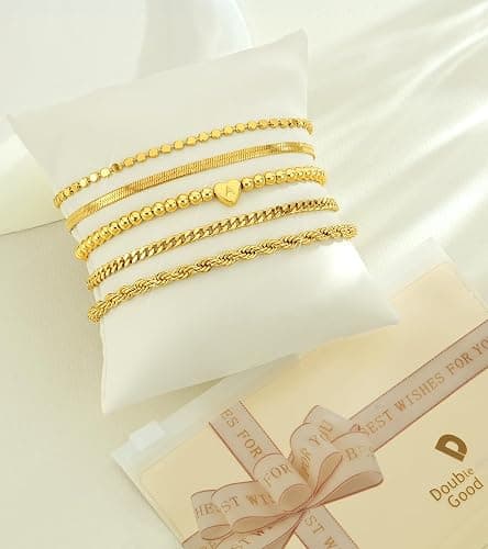 doubgood Gold Bracelets for Women, 14K Gold Plated Stackable Initial Beaded Bracelet with Letter Pendant Waterproof Stretch Trendy Stack Jewelry Set Gifts for Women thumbnail 7