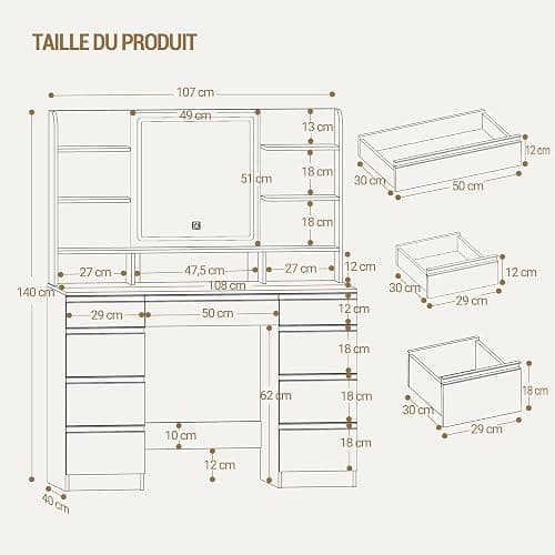 Hzuaneri Grande Coiffeuse avec Éclairage LED, 3 Couleurs, Luminosité Réglable, Miroir, 9 Tiroirs, 9 Étagères Ouvertes, Blanc-Or DT41903X thumbnail 2