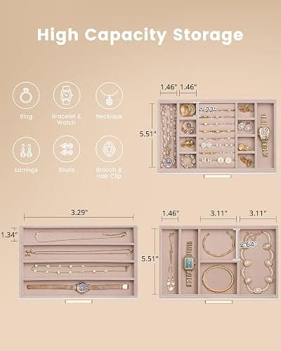 Lolalet Jewelry Box Organizer, 3-Layer Jewelry Organizers and Storage Case with Glass Lid, Ring Earring Bracelet Necklace Holder Organizer, Birthday Christmas Gifts for Women Girls -3Layer, Beige thumbnail 5