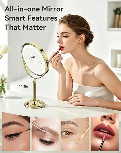DOWRY 4000 mAh Rechargeable Lighted Makeup Mirror 10x Magnification Vanity Mirror Tabletop Two-Sided Swivel Gifts for Women Wife Mom Teengirls Mothers Day Gold Finish thumbnail 5