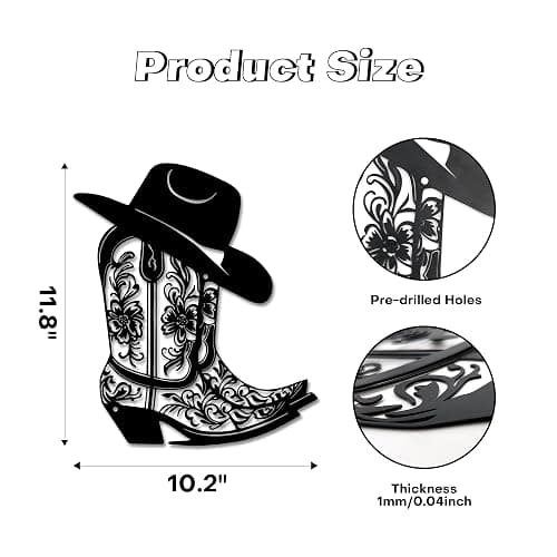 Rajukit Cowgirl Boot Hat Metal Wall Decor for Home | Farmhouse western cowboy boot with hat wall art. Vintage rustic decor for bedroom, bathroom. Size: 11.8 x 10.2 inches. Black. thumbnail 3