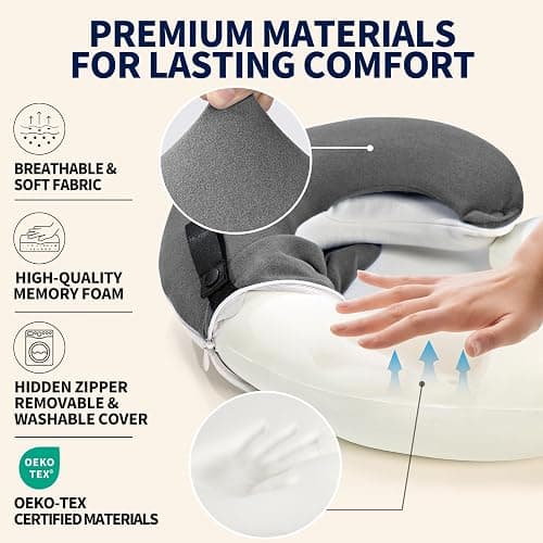BUYUE Travel Neck Pillows for Airplanes, Memory Foam 360° Head Support Sleep for Long Flight, Skin-Friendly & Breathable, Kit with Eye Mask, Earplugs and Storage Bag (Adult, Grey, 90+ lbs) thumbnail 4