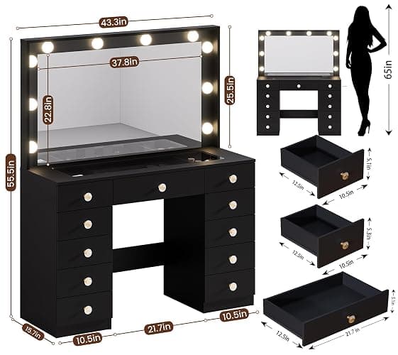 DINGIPP 43.3" Vanity with Large Mirror and 10 LED Lights, Vanity Desk with Glasstop, 11 Drawers with Crystal Handles, Dressing Table with Power Outlet as Gift for Women, Girls (Black) thumbnail 2