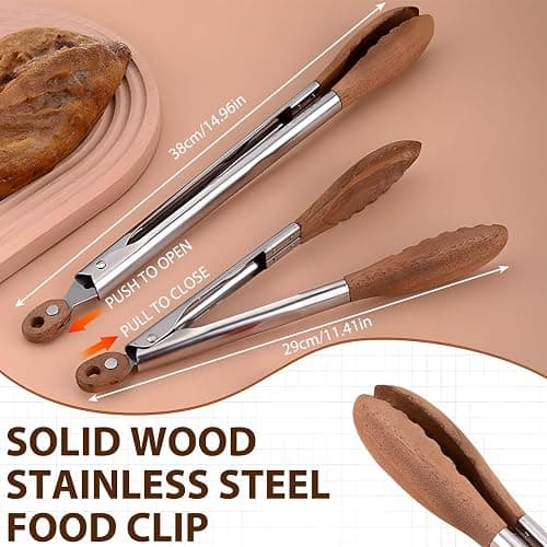 Wooden Tongs for Cooking & Serving Food, Stainless Steel Salad Tongs with Walnut Wood Tip, Anti-Slip Long Handle Wooden Kitchen Tongs Heat Resistant, Smooth Locking & Hanging Cooking Utensils Set of 2 thumbnail 2