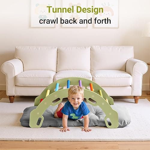 COSYLAND Kids Climber Arch Rocker with Cushion - Solid Wood Indoor Pikler Climbing Toys for Toddler with Handrails - Scentless Indoor Playground Arch Climbing Ladder (Green Frame, Rainbow Sticks) thumbnail 6