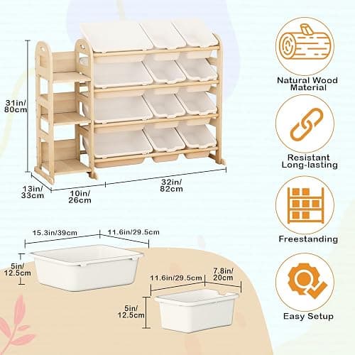 Toy Storage Organizer, Wooden Toy Organizers and Storage with Bookshelf, Toy Storage Shelf with 3 Shelves and 12 Storage Bins, Kids Bookshelf for Playroom, Nursery, Bedroom, Bookcase for Kids, White thumbnail 2