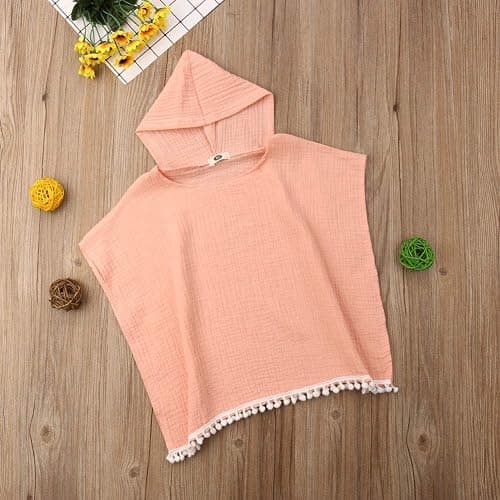 KMBANGI Toddler Kids Baby Girls Boys Summer Clothes Hooded Swim Suit Cover Ups with Pom Poms Cotton Cloak - 1-2T - Pink thumbnail 4