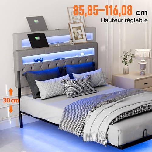 Bonnlo Lit 140 x 190 avec Sommier, Lit 2 Personnes Flottant avec Éclairage LED et Ports USB/Type-C, Tête de Lit Tapissée avec Rangement, Structure Stable en Métal, Tissu en Lin Gris thumbnail 4