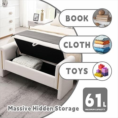 QianYueLUX Modern 52" Storage Ottoman Bench, Upholstered End of Bed Storage Bench with Armrests, Entryway Bench, Teddy Foot Rest Stool for Living Room Hallway Bedroom (White) thumbnail 5