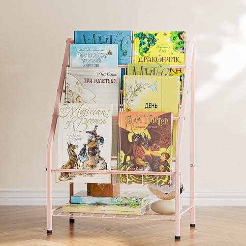 JAQ Bookshelf for Toddlers, 4-Tier Metal Kids Bookshelves Rack with Toy Storage Organizer in Bedroom Study Room Playrooms Nursery for Infants Baby Young Children (4-Tier/ 24.92 inch, Pink) - 4-tier/Pink thumbnail 2