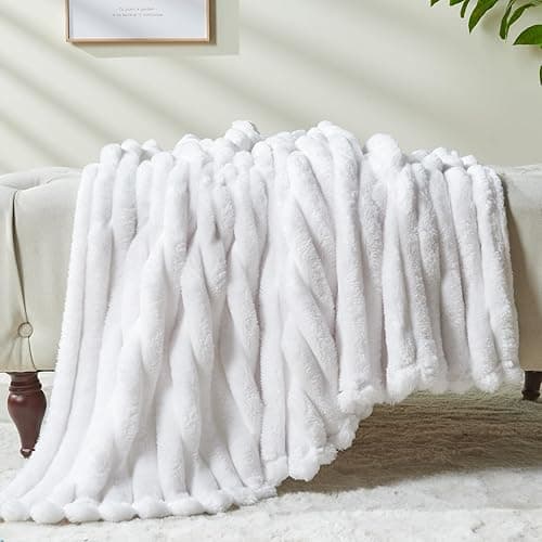 NEWCOSPLAY Super Soft Twin Blanket White Premium Silky Flannel Fleece 3D Ribbed Jacquard Lightweight Bed Blanket All Season Use (White Ribbed, Twin(60"x80")) - White Ribbed - Twin(60"x80") thumbnail 7
