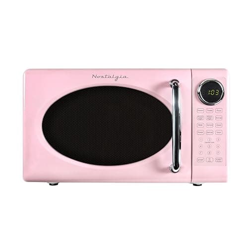 Nostalgia Retro Microwave Oven 0.7 Cu Ft, 700-Watt Countertop Size with Glass Turntable, Child Safety Lock, 8 Auto-Cook Programs, Digital Clock, Pink - Image 1