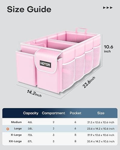 HOTOR Trunk Organizer - Foldable Car Organizer for SUVs & Sedans Storage | Sturdy Car Organization for Men & Women, Car Accessories, Tools, Sundries, Pink, 2 Compartments, 23.6" x 14.2" x 10.6" thumbnail 2