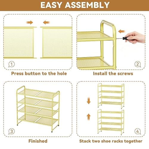 MWQ Modern Shoe Rack, 4 Tier Heavy Duty Metal Mesh Shoe Shelf 27 Inch Wide, Gold thumbnail 8