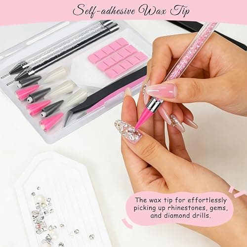 14PCS Rhinestone Picker Tool Kit for Nail Art, Diamond Painting and Bedazzling, 3 Dual-Ended Pens with Wax and Metal Tips, 6 Replaceable Heads, Includes 2 Tweezers, Clay, Tray and Storage Case thumbnail 3
